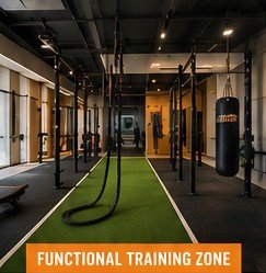 Functional training zone with turf lane, rig and battle ropes